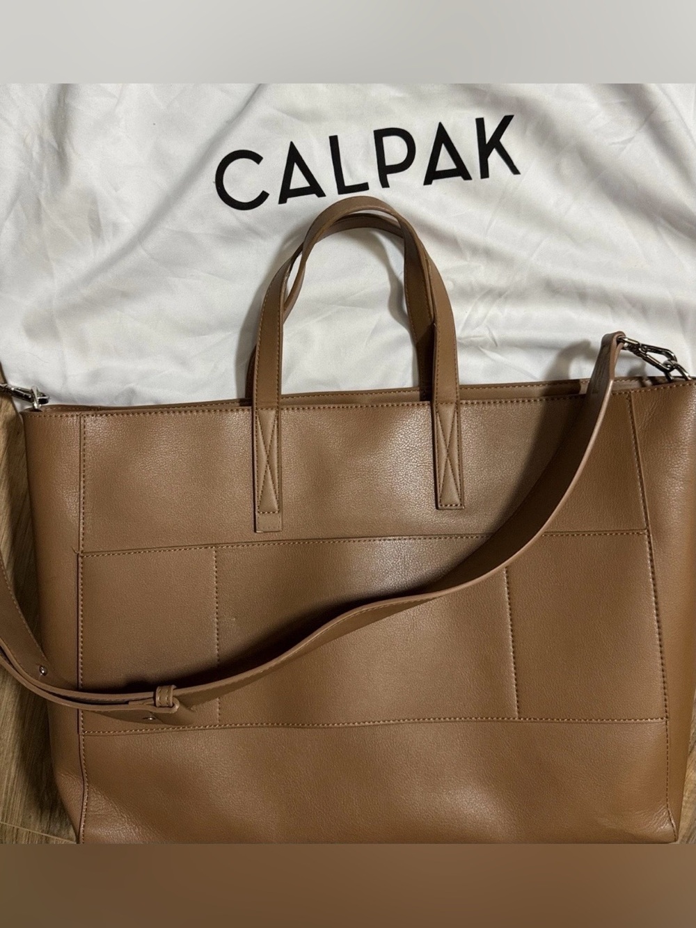 Calpak Tan Leather Patchwork Tote with Removable Strap